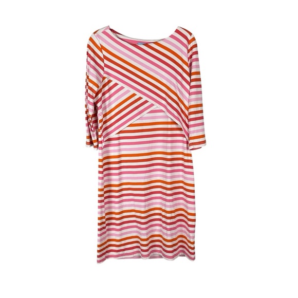 J.McLaughlin Pink Orange Stripe 3/4 Sleeve Stretch Knit Dress Size L - Picture 1 of 6
